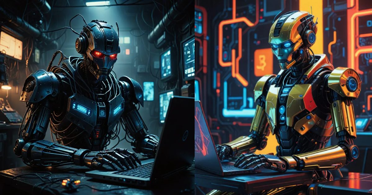 This is a composite AI-generated image featuring 2 robots working at laptops. The limitations of AI for copywriting - according to ChatGPT.