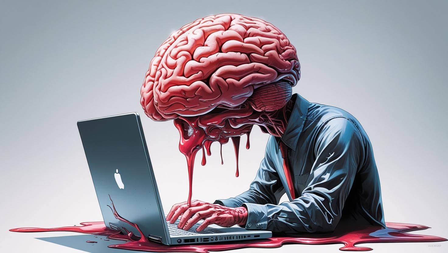 Illustrating that this blog is about all the hidden headaches of Chatgpt and generative-AI, the image shows a marketing manager sitting at a laptop with his brain melting